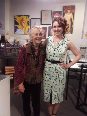 <p>Lana St. Michel, fiber artist in the gallery with our own beautiful Cody.
</p>