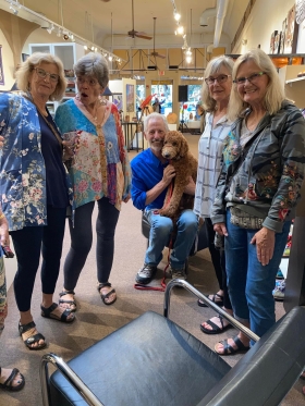 <p>The gang's all here…from left, Peggy, Linda, Paul, holding the adorable Rossi with Joanne and Kay!</p>