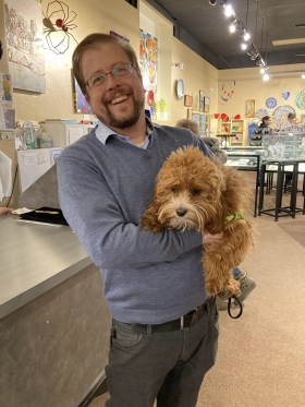 <p>Our dear friend, John Duncan stopped in with his mom’s sweet doggy!</p>